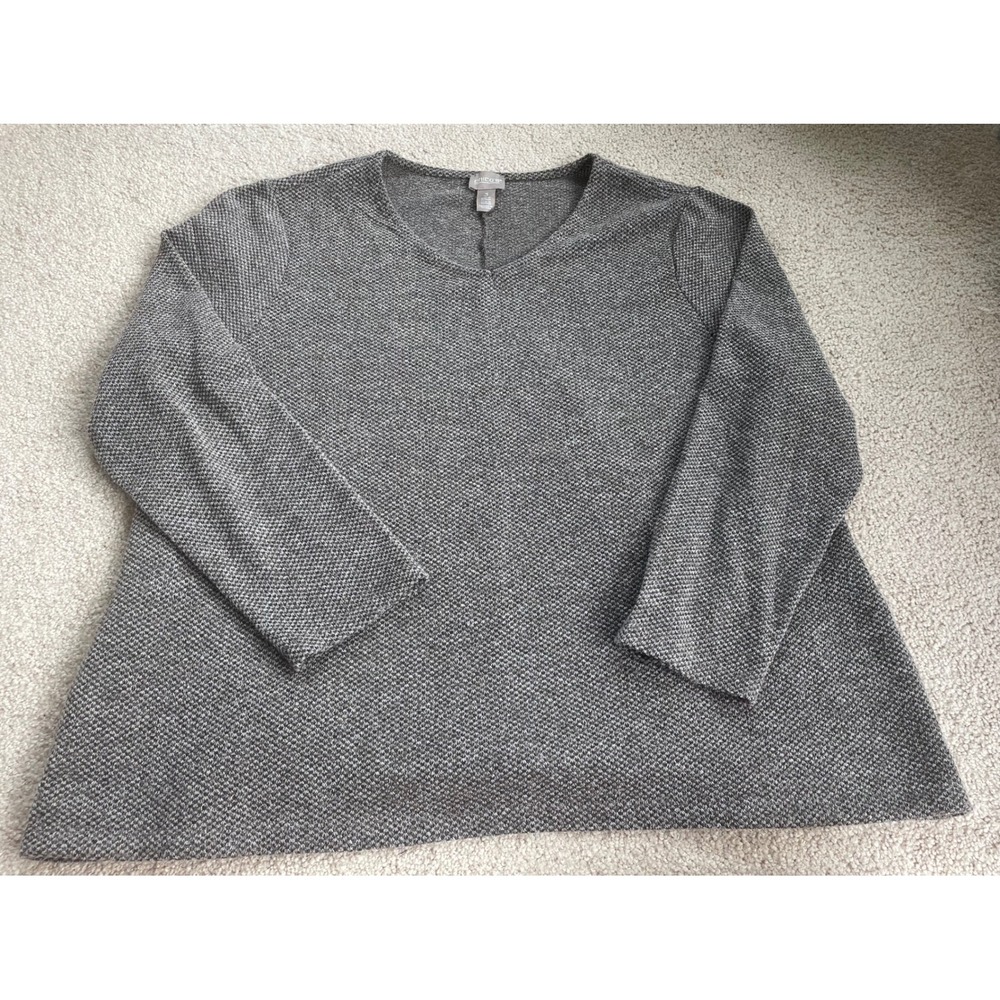 Chicos Gray Textured Knit V-Neck Top Long Sleeve Marled Pullover Size 3 XL